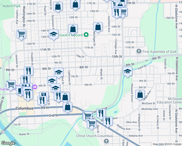 map of restaurants, bars, coffee shops, grocery stores, and more near 741 Reed Street in Columbus
