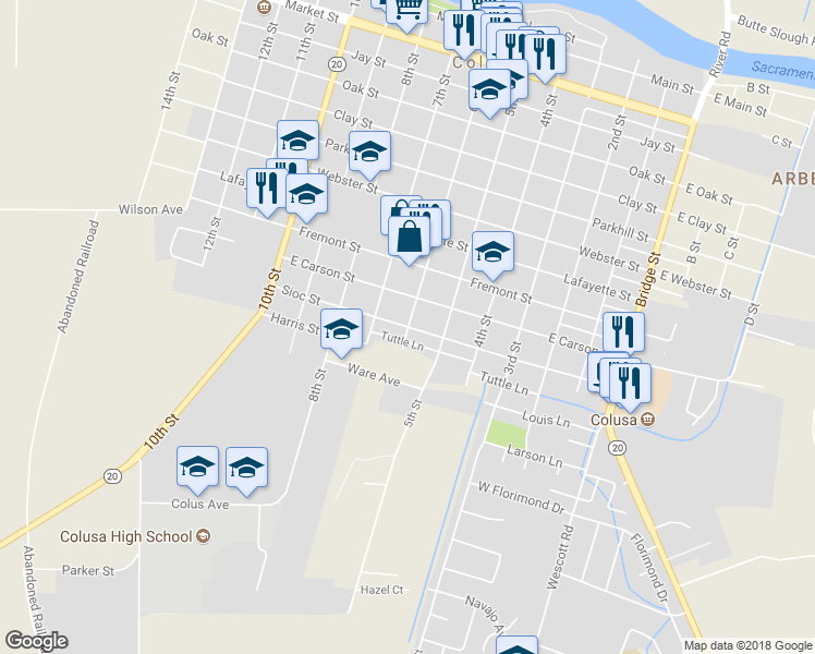 map of restaurants, bars, coffee shops, grocery stores, and more near 1098 6th Street in Colusa