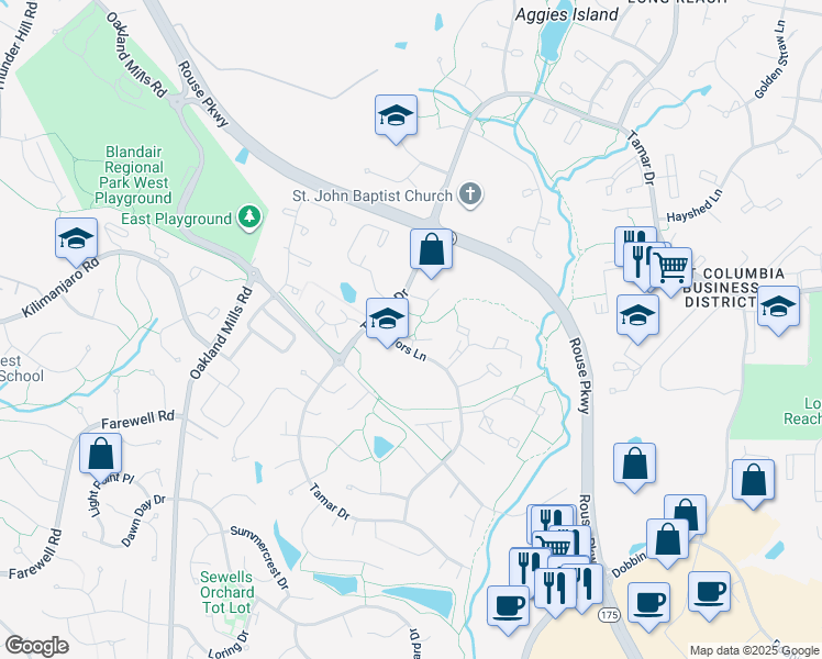 map of restaurants, bars, coffee shops, grocery stores, and more near 6005 Majors Lane in Columbia