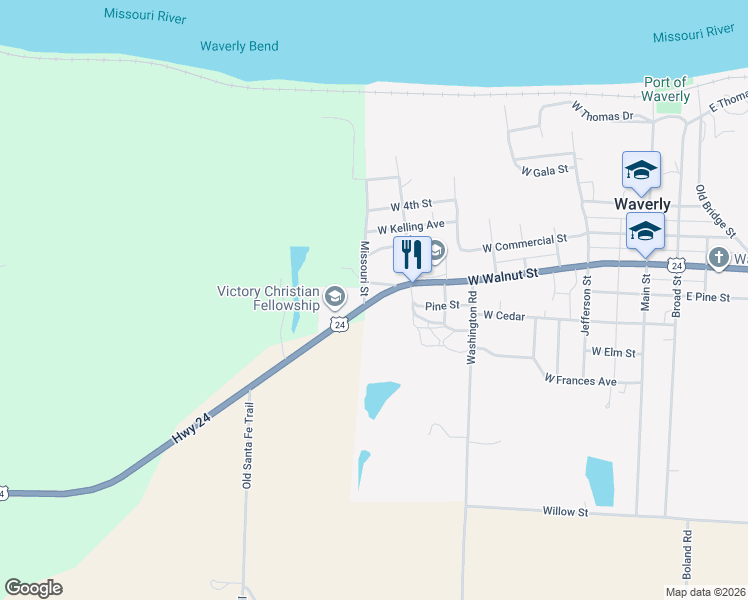 map of restaurants, bars, coffee shops, grocery stores, and more near 703 West Walnut Street in Waverly