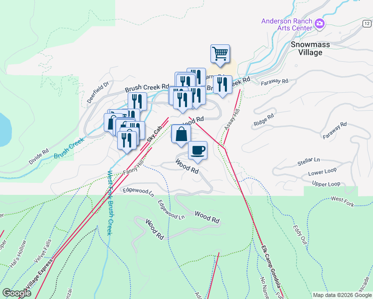 map of restaurants, bars, coffee shops, grocery stores, and more near 425 Wood Road in Aspen