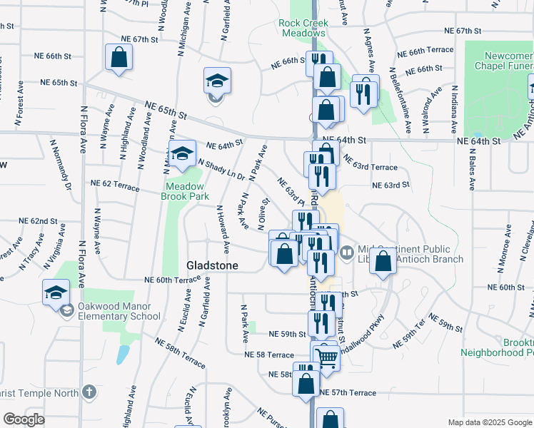 map of restaurants, bars, coffee shops, grocery stores, and more near 2400 Northeast Shady Lane Drive in Kansas City