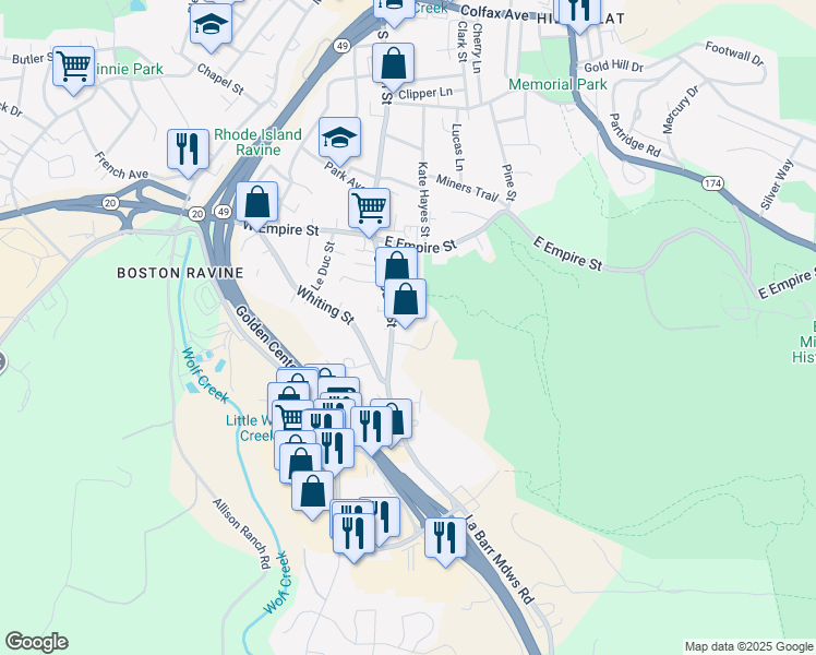 map of restaurants, bars, coffee shops, grocery stores, and more near 150 Stacey Lane in Grass Valley