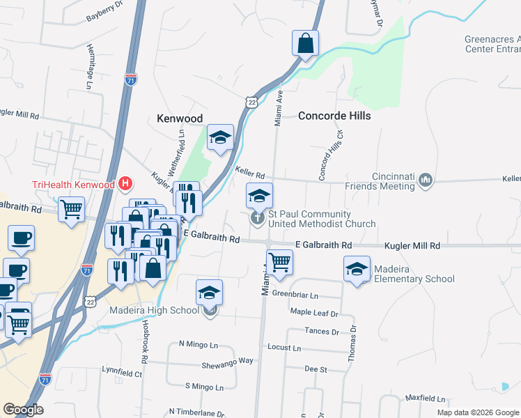 map of restaurants, bars, coffee shops, grocery stores, and more near 8343 Miami Avenue in Cincinnati