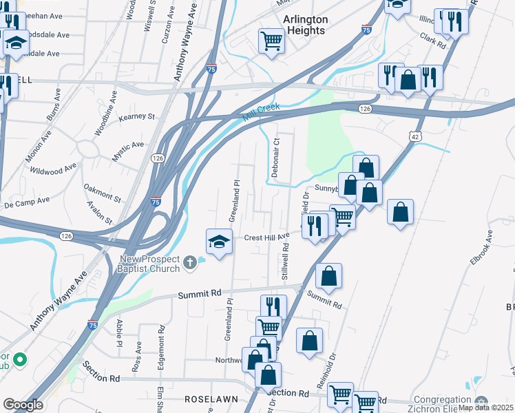 map of restaurants, bars, coffee shops, grocery stores, and more near 7865 Glen Orchard Drive in Cincinnati
