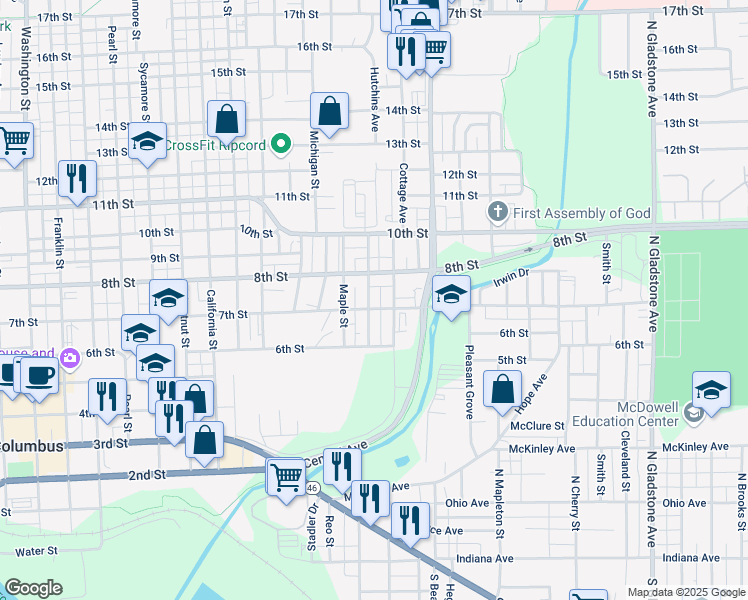 map of restaurants, bars, coffee shops, grocery stores, and more near 737 Hutchins Avenue in Columbus