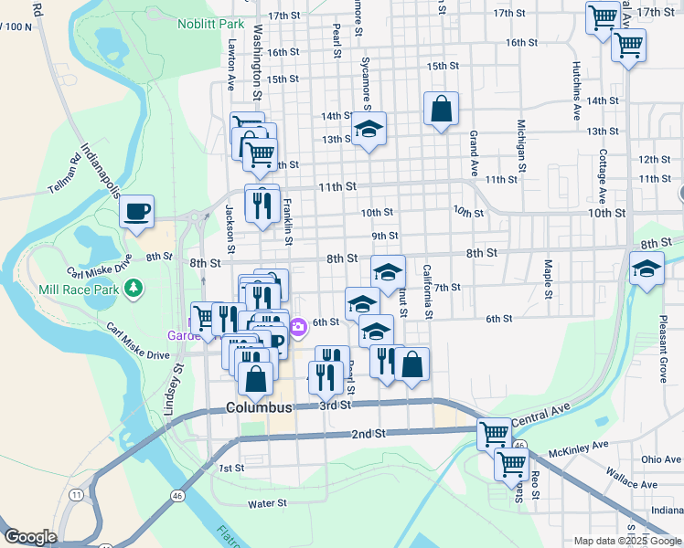 map of restaurants, bars, coffee shops, grocery stores, and more near 803 Pearl Street in Columbus