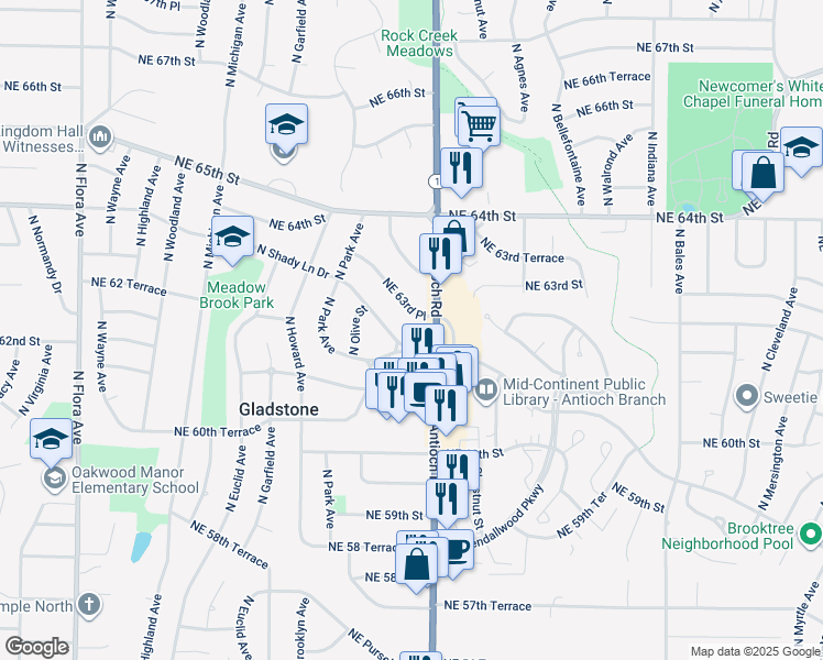 map of restaurants, bars, coffee shops, grocery stores, and more near 2502 Northeast 63rd Place in Kansas City