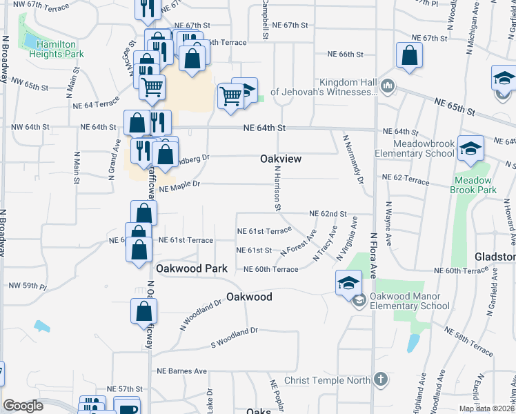 map of restaurants, bars, coffee shops, grocery stores, and more near 909 Northeast Maple Drive in Kansas City