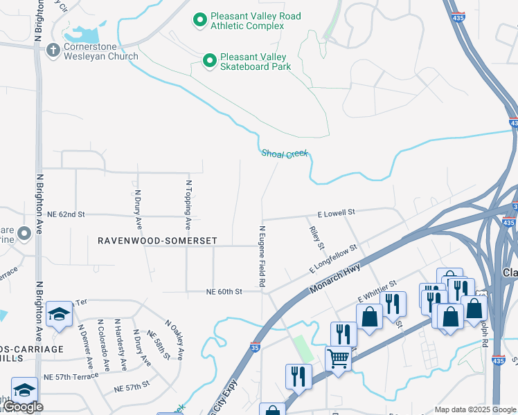 map of restaurants, bars, coffee shops, grocery stores, and more near 6212 North Eugene Field Road in Kansas City