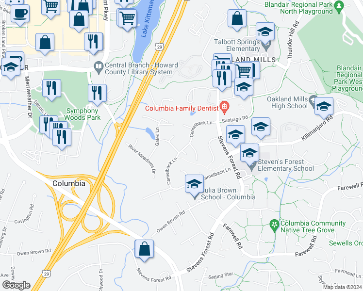 map of restaurants, bars, coffee shops, grocery stores, and more near 6006 Camelback Lane in Columbia