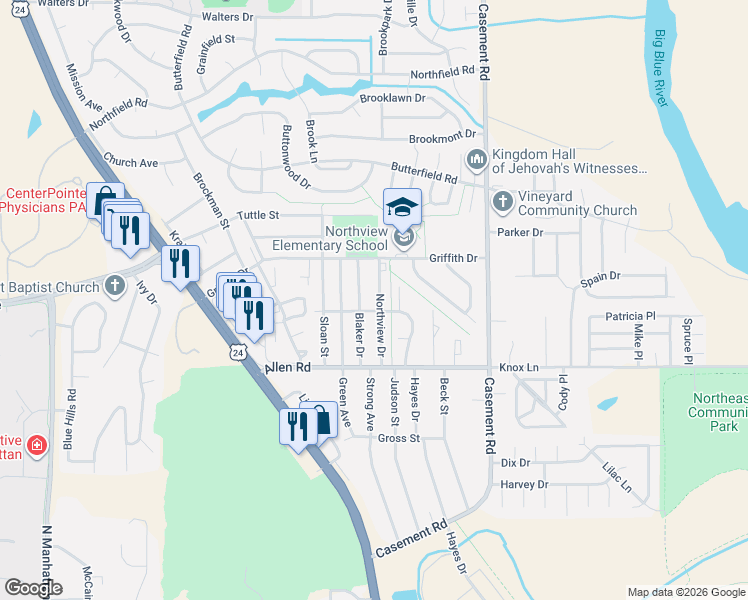 map of restaurants, bars, coffee shops, grocery stores, and more near 2220 Blaker Drive in Manhattan