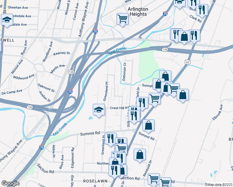 map of restaurants, bars, coffee shops, grocery stores, and more near 7844 Glen Orchard Drive in Cincinnati