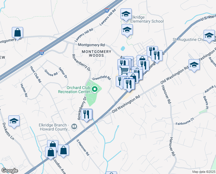 map of restaurants, bars, coffee shops, grocery stores, and more near 6335 Greenfield Road in Elkridge