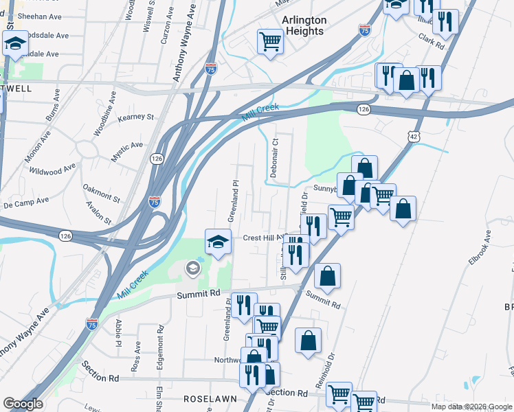 map of restaurants, bars, coffee shops, grocery stores, and more near 7844 Glen Orchard Drive in Cincinnati