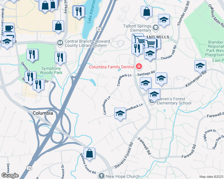 map of restaurants, bars, coffee shops, grocery stores, and more near 6006 Camelback Lane in Columbia
