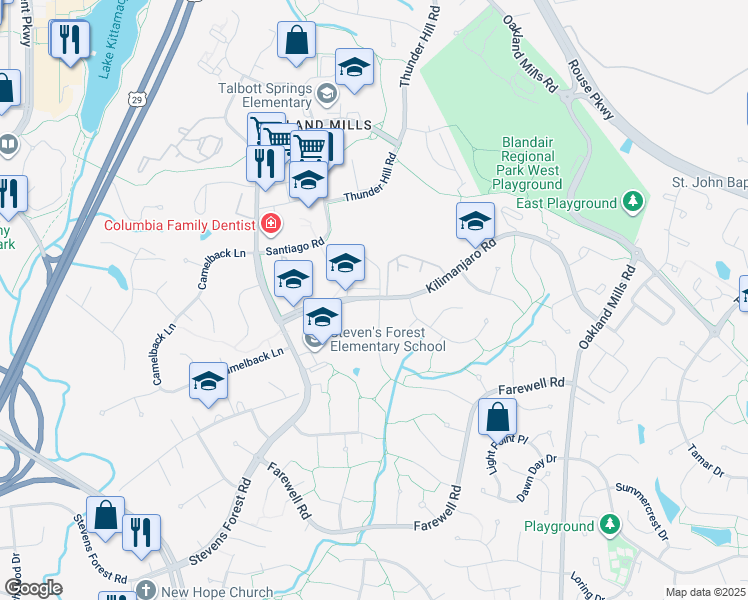 map of restaurants, bars, coffee shops, grocery stores, and more near 9496 Kilimanjaro Road in Columbia