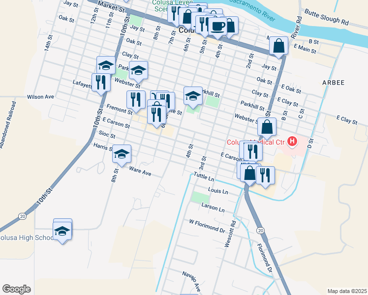 map of restaurants, bars, coffee shops, grocery stores, and more near 438 Carson Street in Colusa