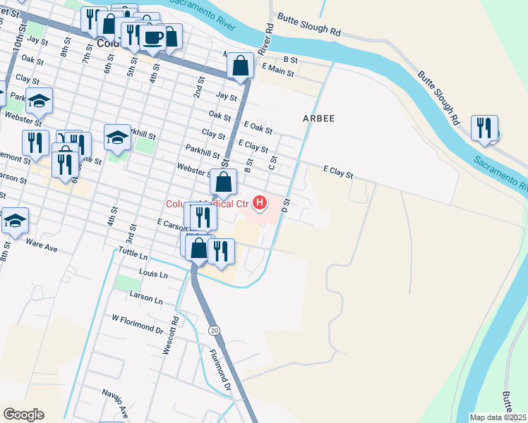 map of restaurants, bars, coffee shops, grocery stores, and more near 101-199 E Webster St in Colusa