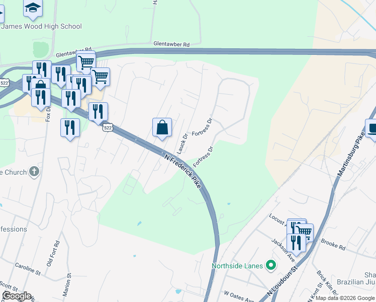 map of restaurants, bars, coffee shops, grocery stores, and more near 151 Lauck Drive in Winchester