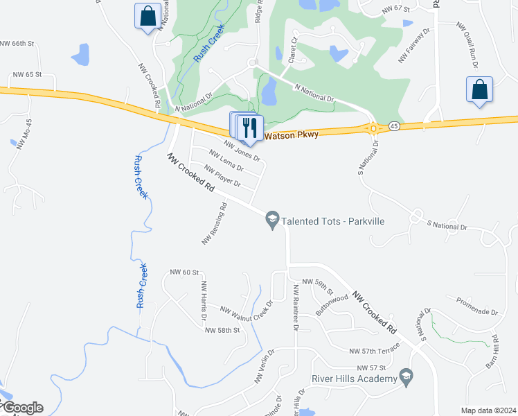 map of restaurants, bars, coffee shops, grocery stores, and more near 6107 Northwest Casper Drive in Kansas City