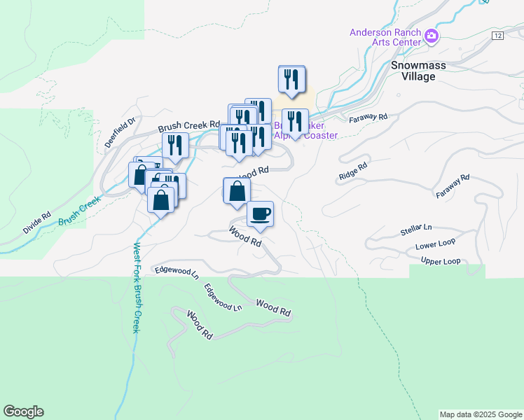 map of restaurants, bars, coffee shops, grocery stores, and more near 476 Wood Road in Aspen