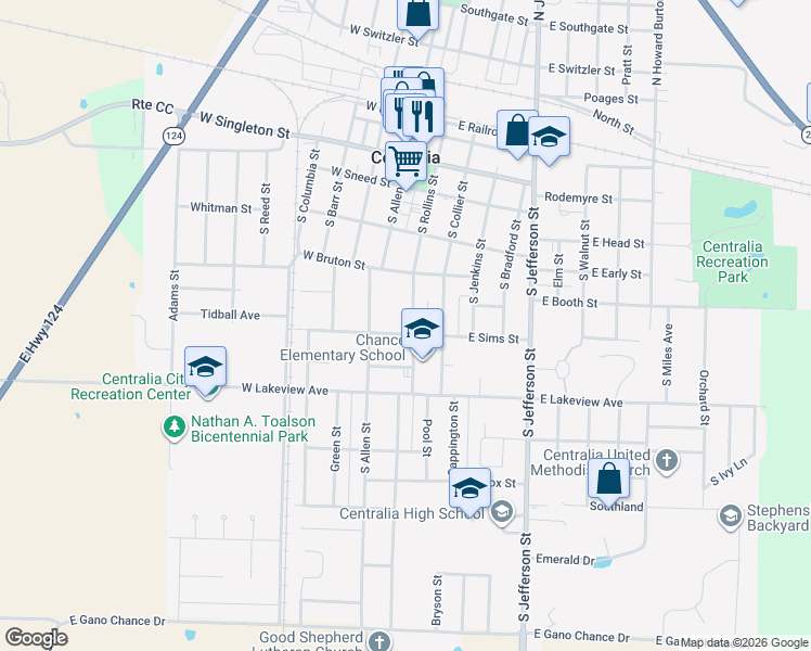 map of restaurants, bars, coffee shops, grocery stores, and more near 431 South Rollins Street in Centralia