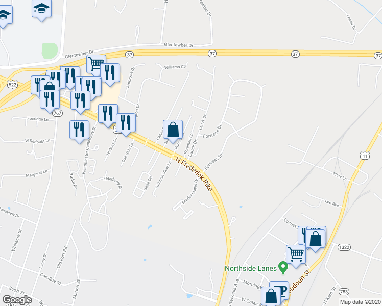 map of restaurants, bars, coffee shops, grocery stores, and more near 195 Lauck Drive in Winchester