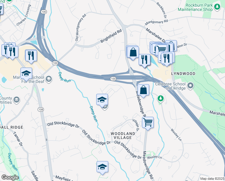 map of restaurants, bars, coffee shops, grocery stores, and more near 6031 Otterbein Lane in Ellicott City