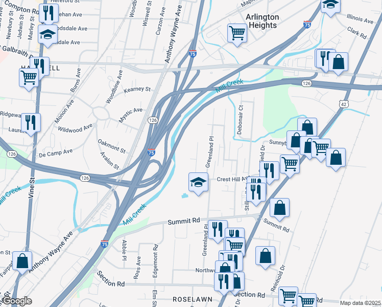 map of restaurants, bars, coffee shops, grocery stores, and more near 7843 Dawn Road in Cincinnati