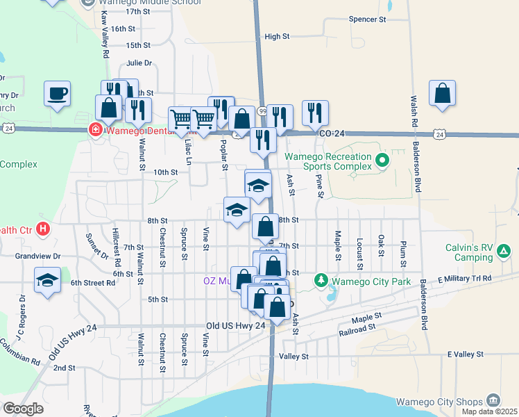 map of restaurants, bars, coffee shops, grocery stores, and more near 801 Lincoln Avenue in Wamego