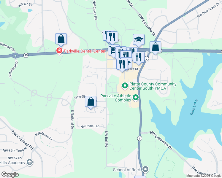 map of restaurants, bars, coffee shops, grocery stores, and more near 6133 Northwest Bell Road in Parkville