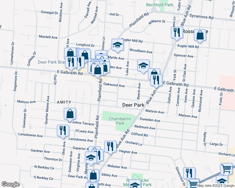 map of restaurants, bars, coffee shops, grocery stores, and more near 7821 Lake Avenue in Cincinnati