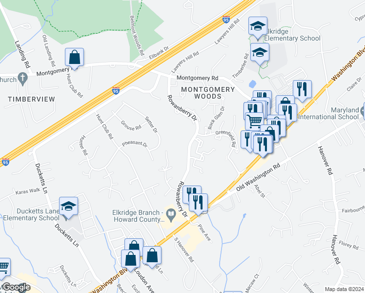 map of restaurants, bars, coffee shops, grocery stores, and more near 6330 Bayberry Court in Elkridge