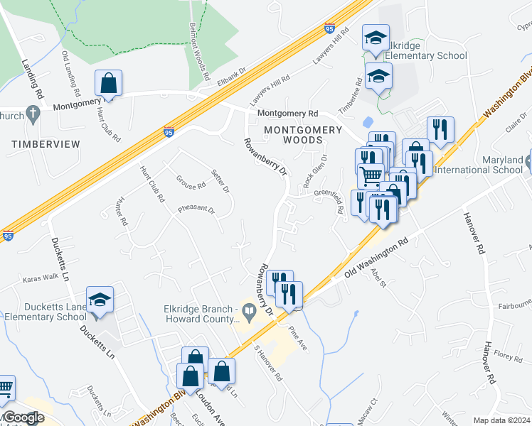 map of restaurants, bars, coffee shops, grocery stores, and more near 6320 Bayberry Court in Elkridge