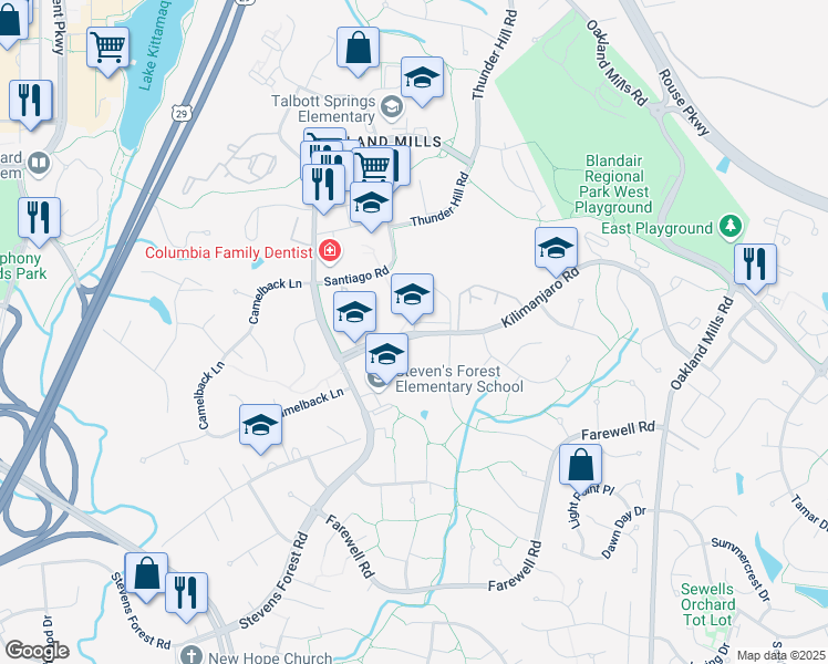 map of restaurants, bars, coffee shops, grocery stores, and more near 9540 Kilimanjaro Road in Columbia
