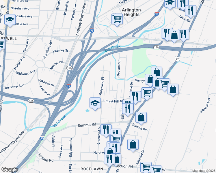 map of restaurants, bars, coffee shops, grocery stores, and more near 7865 Glen Orchard Drive in Cincinnati