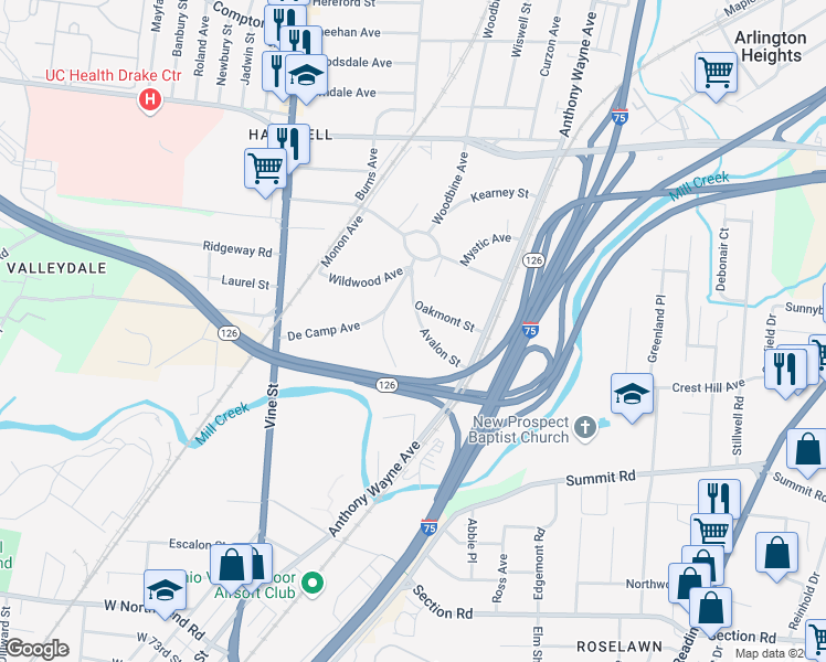 map of restaurants, bars, coffee shops, grocery stores, and more near 233 Avalon Street in Cincinnati