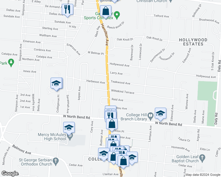 map of restaurants, bars, coffee shops, grocery stores, and more near 6348 Hamilton Avenue in Cincinnati