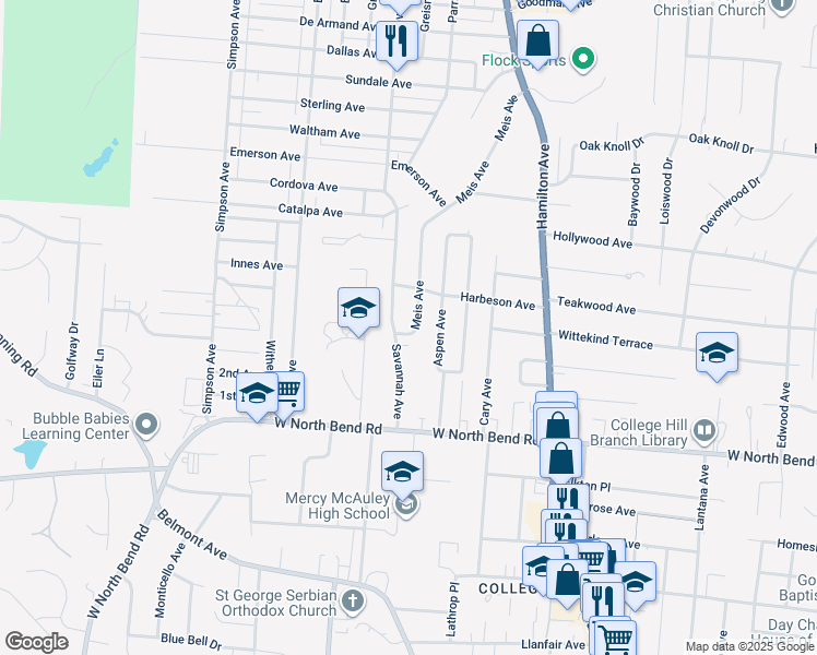 map of restaurants, bars, coffee shops, grocery stores, and more near 6312 Savannah Avenue in Cincinnati