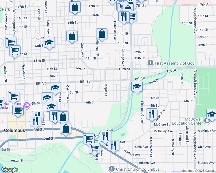 map of restaurants, bars, coffee shops, grocery stores, and more near 741 8th Street in Columbus