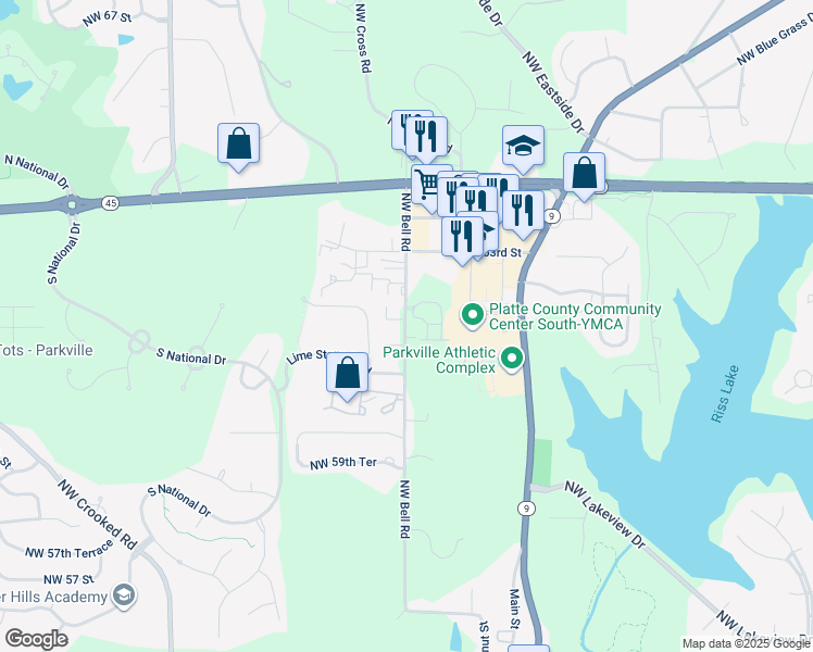 map of restaurants, bars, coffee shops, grocery stores, and more near 6122 Northwest Bell Road in Parkville