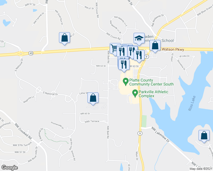 map of restaurants, bars, coffee shops, grocery stores, and more near 6122 Northwest Bell Road in Parkville