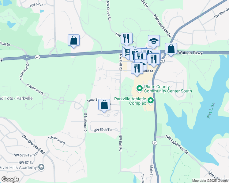 map of restaurants, bars, coffee shops, grocery stores, and more near 6122 Northwest Bell Road in Parkville