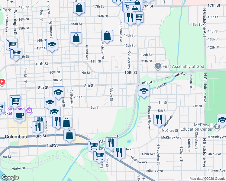 map of restaurants, bars, coffee shops, grocery stores, and more near 741 8th Street in Columbus
