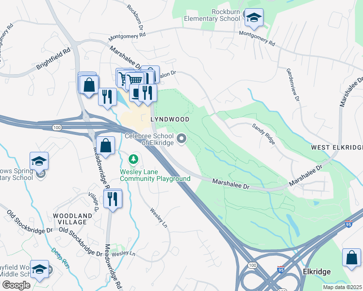 map of restaurants, bars, coffee shops, grocery stores, and more near 6085 Marshalee Drive in Elkridge