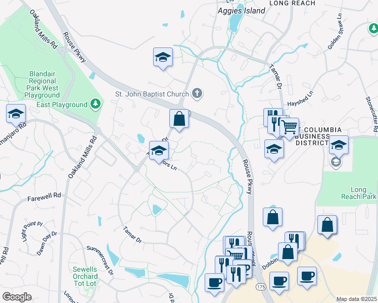 map of restaurants, bars, coffee shops, grocery stores, and more near 6029 Majors Lane in Columbia