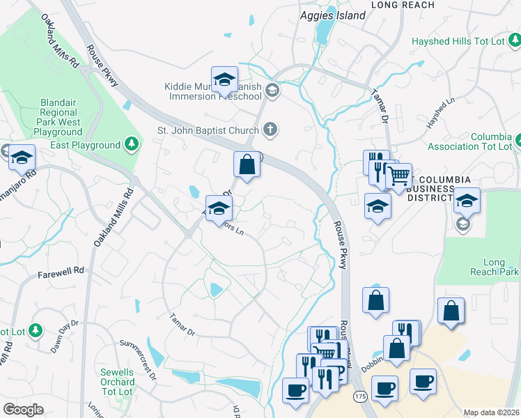map of restaurants, bars, coffee shops, grocery stores, and more near 6029 Majors Lane in Columbia