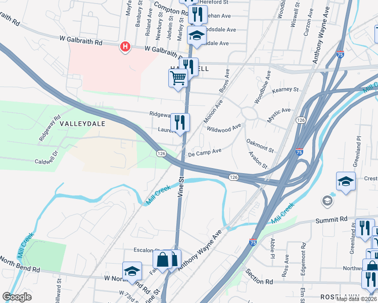 map of restaurants, bars, coffee shops, grocery stores, and more near 14 De Camp Avenue in Cincinnati