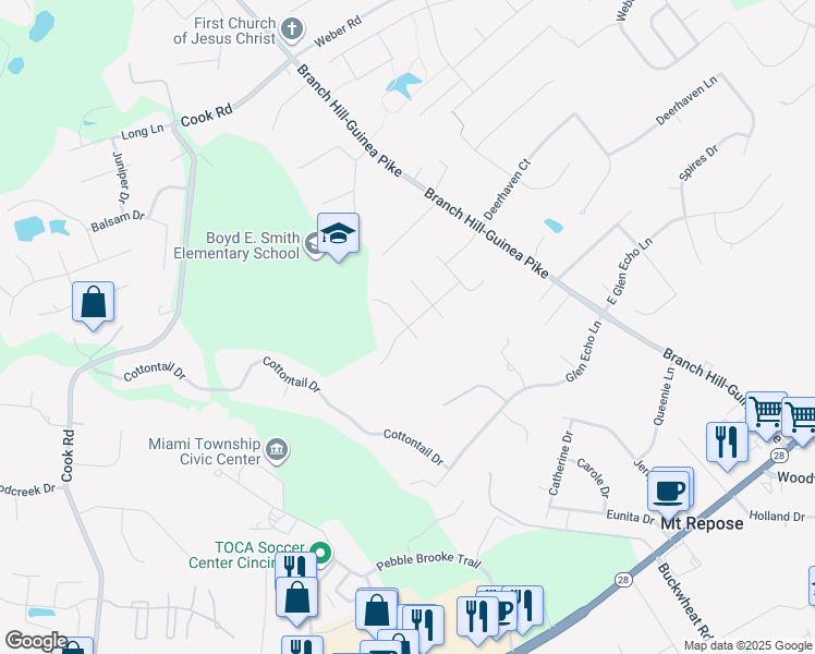 map of restaurants, bars, coffee shops, grocery stores, and more near Windrow Lane in Milford